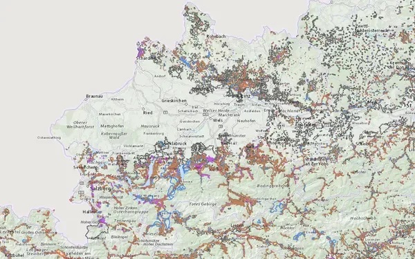 Gefahrenzonenplan Oberösterreich: Kartenausschnitt aus der Grundblick-Karte