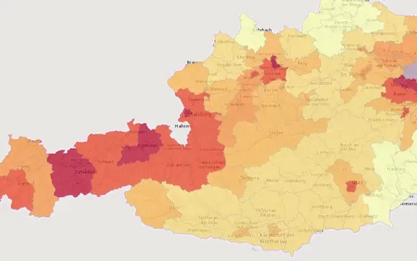 Grundstückspreise: Kartenausschnitt aus der Grundblick-Karte für Österreich