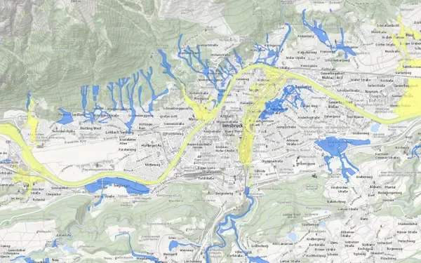 Hochwasserkarte Tirol: Kartenausschnitt aus der Grundblick-Karte