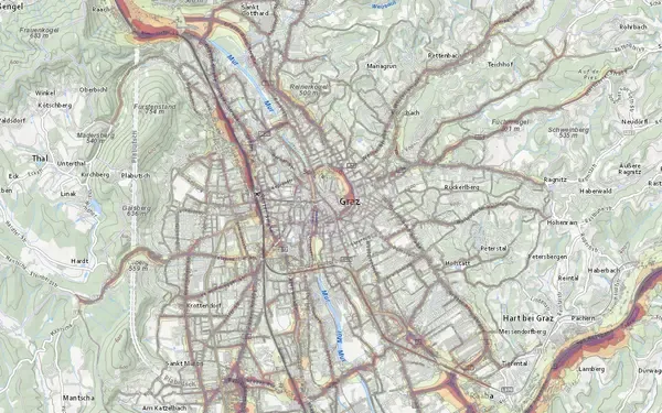 Lärmkarte Graz: Kartenausschnitt aus der Grundblick-Karte
