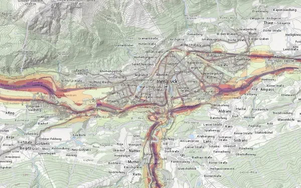 Lärmkarte Innsbruck: Kartenausschnitt aus der Grundblick-Karte